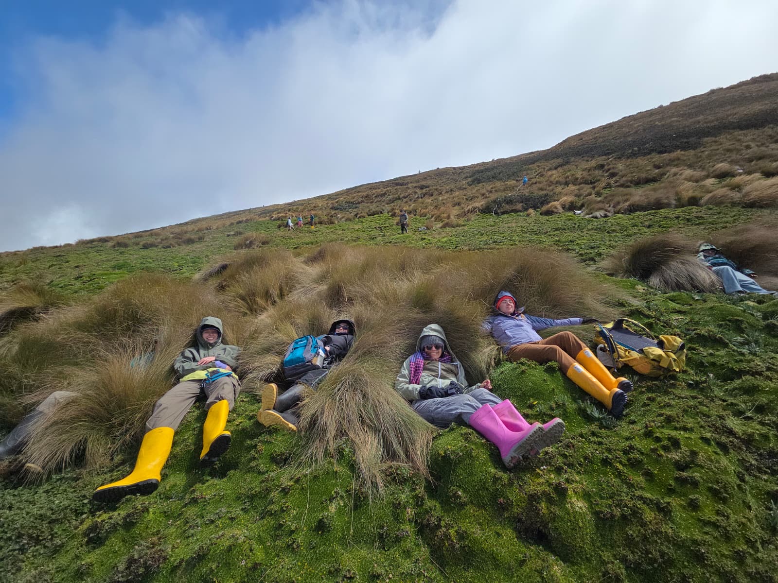 A group of students laying down in tall grasses on a hillside. They are all wearing tall, colorful rain boots.