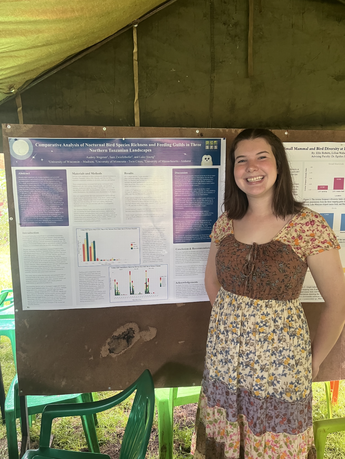 A student smiles in front of a cork board with a scientific poster entitled "Comparative Analysis of Nocturnal Bird Species Richness and Feeding Guilds in Three Northern Tanzanian Landscapes."